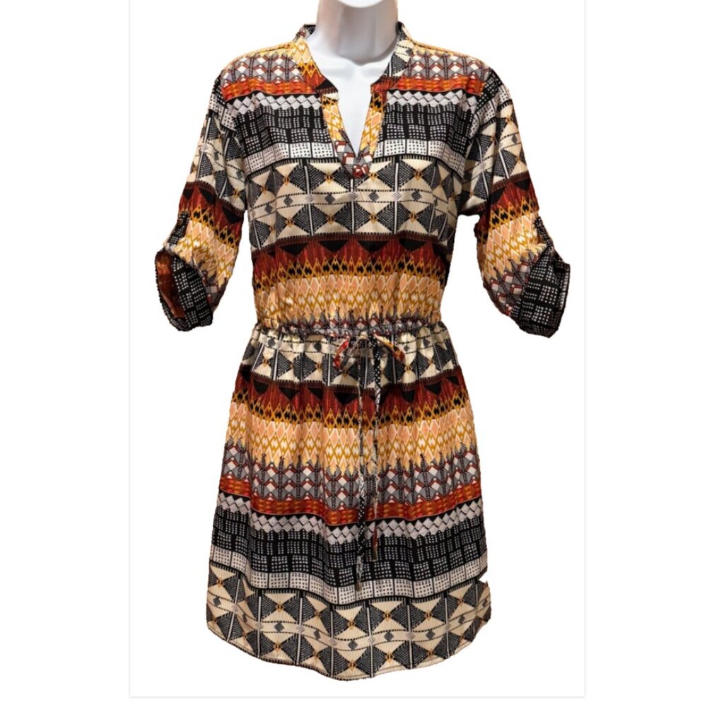 BeBop Women's Shirt Dress Retro Boho Tribal Multicolor Elastic Tie Waist EUC